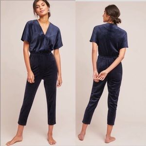 Anthropologie Velvet Jumpsuit Saturday Sunday Navy Blue Stretch V Neck. Pull On.